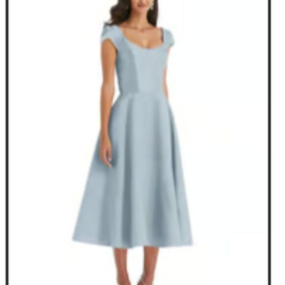 Alfred Sung Puff Cap Sleeve Full Skirt Satin Midi Dress - D798 14 NWOT Mist - Picture 2 of 10